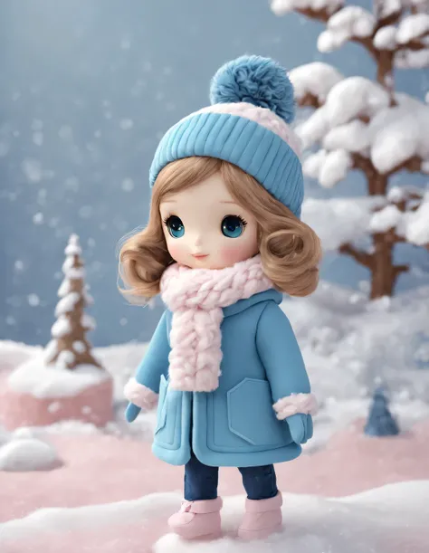 3d cute girl doll design，Wearing a pink turtleneck and blue（coat）coat、Winter scarf、jeans、Gloves、cotton、hemp、wool、Cute 3D style girl in pink and cold blue，搭配柔和的色调和丰富的wool纹理和皮草元素，Create a warm and stylish winter fashion， Cartoon，Disney style，clean background...