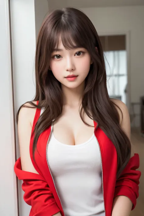 beautiful, 20 years old girl, casual background, long brown hair, seducing face, asian, white tank top, red jacket