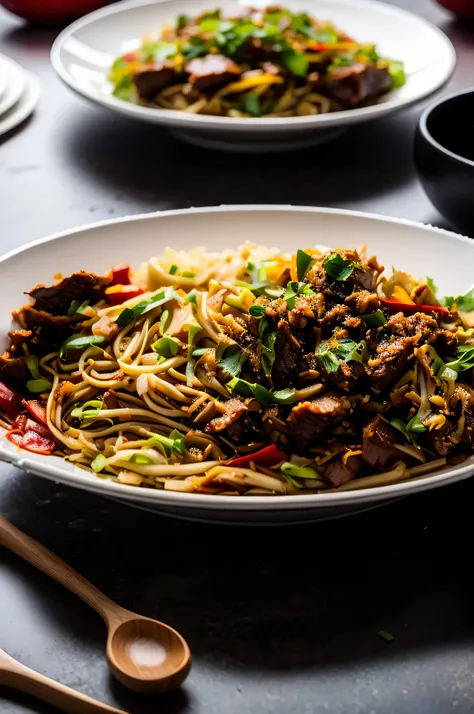 there is a plate of food that is on a table, wok, sichuan, yummy, sha xi, gujian, wet shredded red meat, in style of pan ren wei...