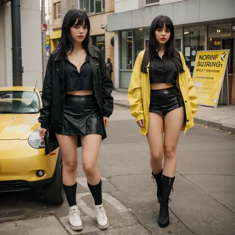 1 girl, black hair with green bangs, red lips, sheer shirt, jacket on top, with a pladded black skirt, thigh-highs, yellow oversized shoes