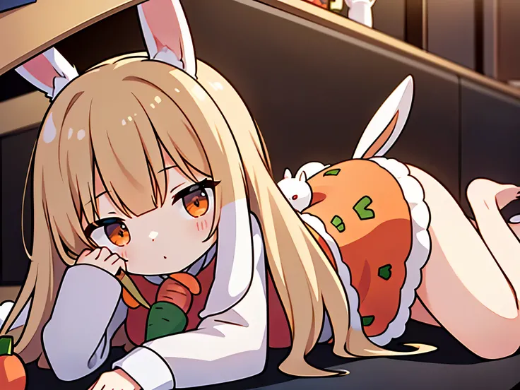 ((highest quality)),(ultra high resolution),(Super detailed),(detailed description),((best CG)),(best work of art),super precision art,great drawing art,(Animal art with precise details:1.5), (1 rabbit:1.6),cute:1.5,(big carrotを抱いて眠っている:1.6),big carrot