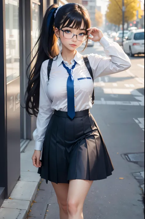 A Beautiful Girl, walk to school, long hair in a ponytail,,, bangs, Wear glasses, (Clear Buttons White Tight Office Shirt, Navy blue tie, blue long skirt), anime