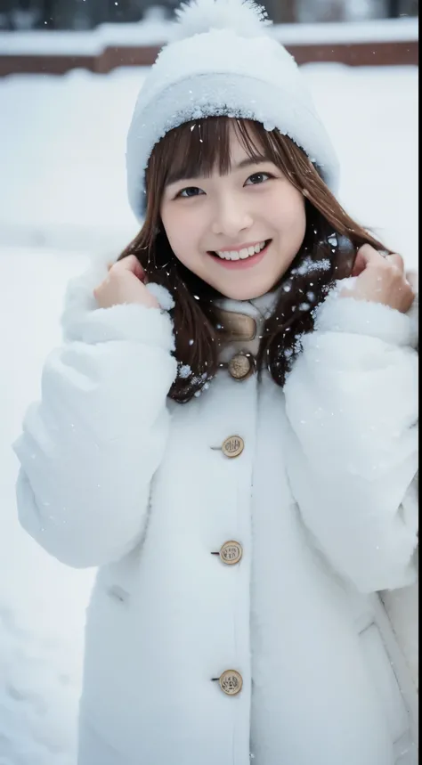 ((snow scene))、Warm coat、I can see the legs、Full body Esbian、laughter、(masterpiece、highest quality) 、cute、(big breasts:1.2)、((20 year old woman:1.2))、young adorable japanese face, ,soft portrait shot,In 8K,、Young and cute gravure idol