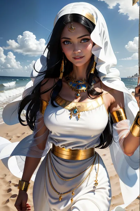 Masterpiece, Superb Girl, 1girl, slim body, long black hair, white skin, solo, blue eyes, white skin woman, breasts, desert, jewelry, Egyptian, big breasts, gold, necklace, bare shoulders, bracelet, wide sleeves, cover, sky, eye of horus, clouds, bare shou...