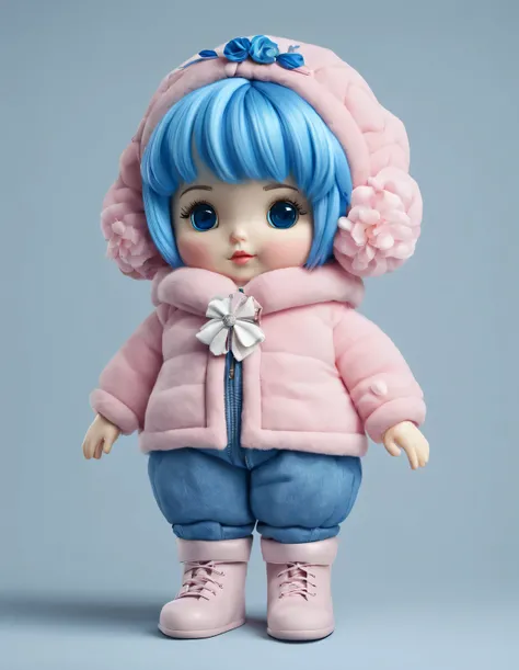 3D style rag doll design，（A very chubby modern fashionable little loli）， Wearing a rococo style pink turtleneck and blue（jacket）jacket，Winter scarf，jeans，Gloves，Bow tie tie，Butterfly tie，small round hat（Decorated with flowers or feathers），push（female）handb...