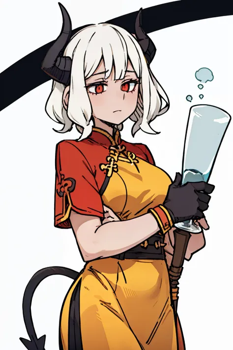 ((a woman,front,whole body)),cheongsam,White curly hair，demon horns on head,White background，Holding a bong