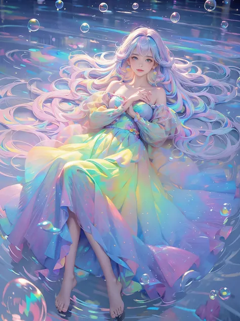 masterpiece, highest quality, intricate details, excellent anatomy、beautiful girl, sparkling eyes, Otherworldly liquid fantasia background, watercolor, bright and vibrant colors, Whimsical, colorful, Layered Tiered Puffy Long Sleeve Ball Gown, ((iridescent...