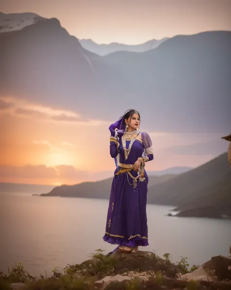 there is a woman in a purple dress standing on a rock, blue colored traditional wear, shot on sony a 7, shot on canon eos r5, shot on canon eos r 5, cinematic shoot, traditional clothing, traditional clothes, cinematic full shot, traditional dress, shot on...