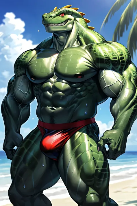 Very muscular furry humanoid cool looking lizardman, black color, red eyes, heavy weight, bodybuilder builds, wear a white speedo, very big bulge, at the beach, glistening skin, very sweaty, sweaty skin, 4k, realistic, vibrant color, one eye wink, cheerful...