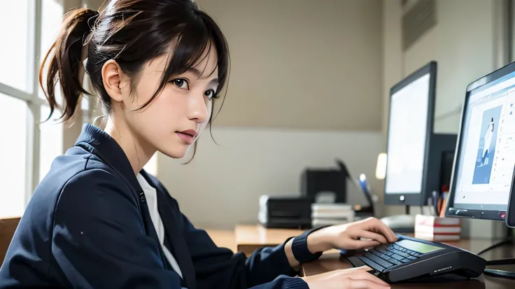 Woman at computer, profileのポートレート, リアルなの女の子のprofile, エレガントなprofileのポーズ, profileのポーズ, beautiful japanese girl face, Portrait of a 28 year old Japanese man, かわいい女の子のprofile, ( profile ) profile, young japanese woman, In front of a computer, 女性のprofile、lookin...