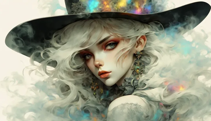 cowboy shot, softly colored, nihilism, dandyism, hard-boiled, hard-boiled mystery, beauty girl head, white long messy hair with below, sharp triangular face, cold long eyes, cool side glance, baroque dressed and pop fantasy hat, fantasy smoke mist, rainbow...