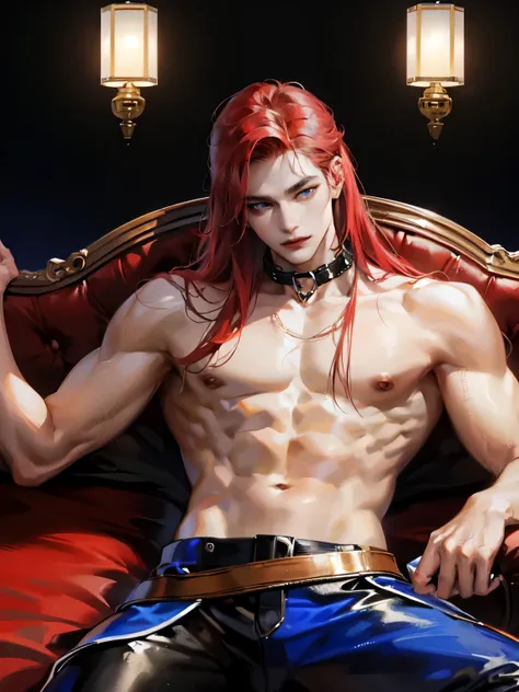 A high quality masterpiece mind-blowing image with chiaroscuro effect that feels horny of a one gorgeous stunningly beautiful very attractive muscular beefcake one male vampire with messy bright (red hair:1.3) and perfect extremely detailed piercing symmet...