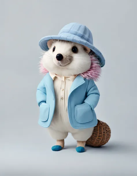 3d style doll design，（one is very fat、very fashionable、very cute little hedgehog）， wearing a pink turtleneck and blue jacket，win...