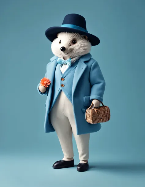 3D style doll design，（One is very fat、Very fashionable、Very cute little hedgehog）， Wearing a pink turtleneck and blue jacket，Winter scarf，jeans，Gloves，bow tie，small round hat（Decorated with flowers or feathers），（woman）handbag，cotton，flax，Wool is characteri...