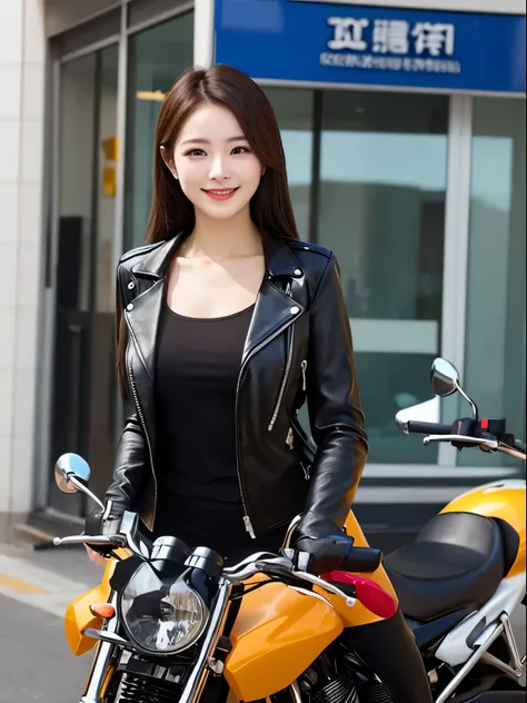 Clear and detailed images、smile、Beautiful woman wearing leather pants、motorcycle and adult woman、((Pass Road))