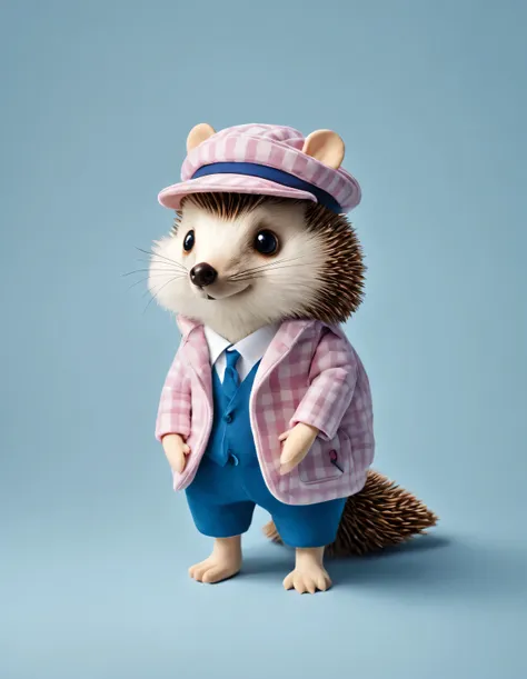 3d style doll design, (a very fat, fashionable, and cute little hedgehog),
wearing a pink turtleneck sweater and a blue coat, wi...