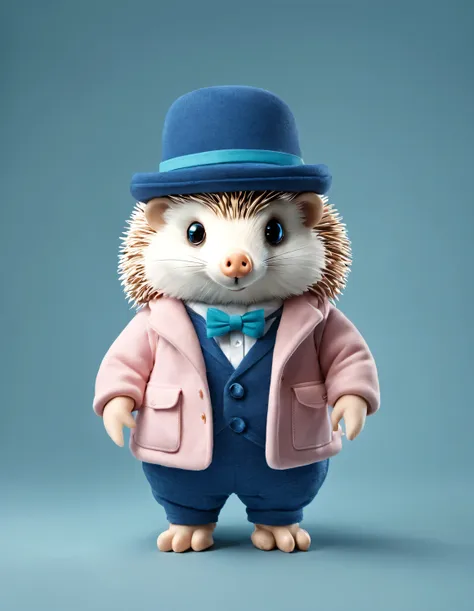 3d style doll design, (a very fat, fashionable, and cute little hedgehog),
wearing a pink turtleneck sweater and blue jacket, wi...