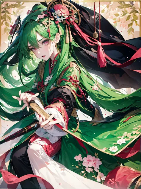 20th generation men、green hair、pink eyes、One eye is hidden by bangs、Holding a sword、Japanese clothing、Japanese-style background、full body figure