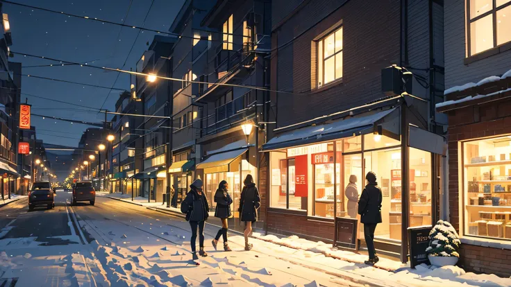 a snowy city street at night, with a coffee shop prominently featured. The shop is decorated with Christmas lights, and a large sign reads "COFFEE" in yellow. The street is also adorned with several traffic lights , indicating that it is a busy area. There...