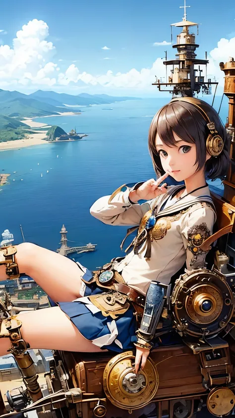 steampunkai。masterpiece。highest quality。excessive details。blue sky and white clouds。(aerial view)。An island floating in the sea below々。aerial perspective。(one girl)。(Japan schoolgirl in steampunk style)。(Take to the skies on a classic-style bicycle)。