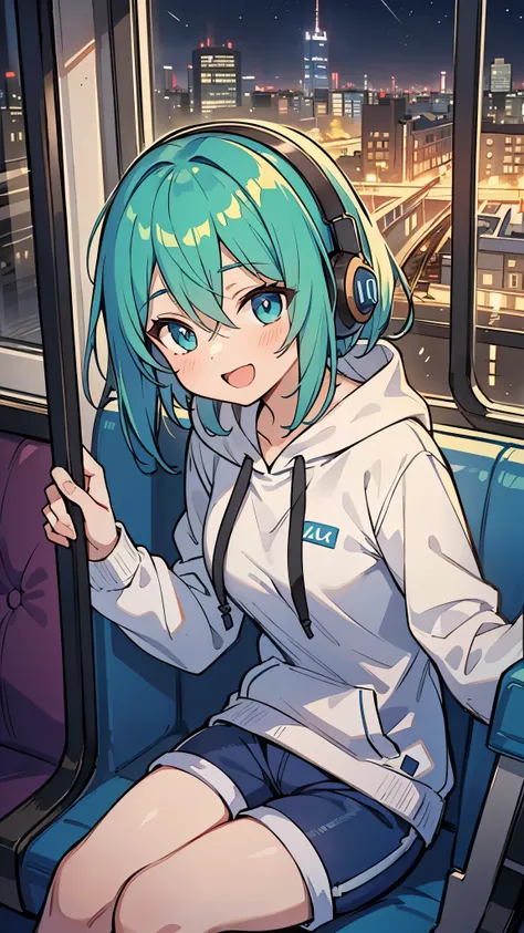 ((A Pretty girl is sitting in the train)), ((wearing hoodie and hot pants)), Headphone, Loli face, ((master piece, top-quality, ultra-definition, high resolution)), anime girl, ((ultra-detailed illust:1.2)), only one person, bangs, hair between eye, green ...