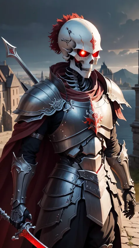 masterpiece。highest quality。excessive details。one person。wear armor、skeleton with sword and shield。A skeleton with no hair on its head。red and dull eyes。The background is a dark ruined European castle.。