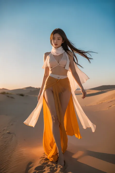 Sunrise in the East，In the desert，dune上，dune，A young and beautiful Korean woman，Wearing a transparent see-through gauze skirt，scarf，Strong wind blows the gauze skirt，The gauze skirt is very long，Floating in the air，Show off a woman’s beautiful figure，The b...