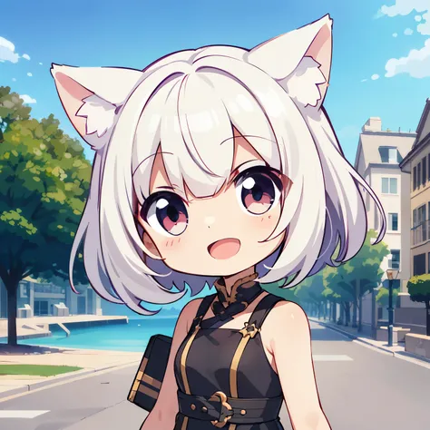 1 girl, (chibi:1.4), Smile, open mouth, Upper body, permanent, cat ears, white hair, outdoor