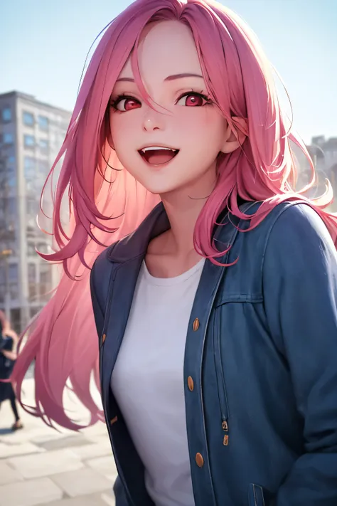 1girl, ((best quality)), ((masterpiece)), ((realistic)), (detailed), (perfect face), beautiful women, nevy blue jaket, white shirt, pure happy, smile, open mouth, pink hair, long hair, hair between eyes, red eyes, attractive, high angle, building backgroun...