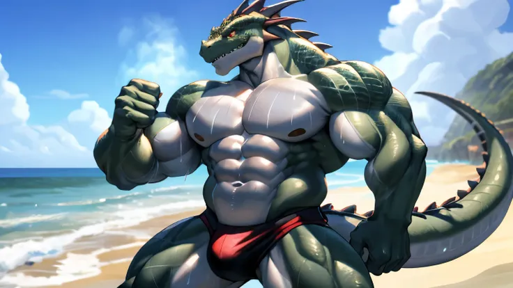 Very muscular furry humanoid cool looking draconic lizardman, black skin color, red eyes, heavy weight, bodybuilder builds, wear a white speedo, very big bulge, at the beach, glistening skin, very sweaty, sweaty skin, 4k, realistic, vibrant color, one eye ...