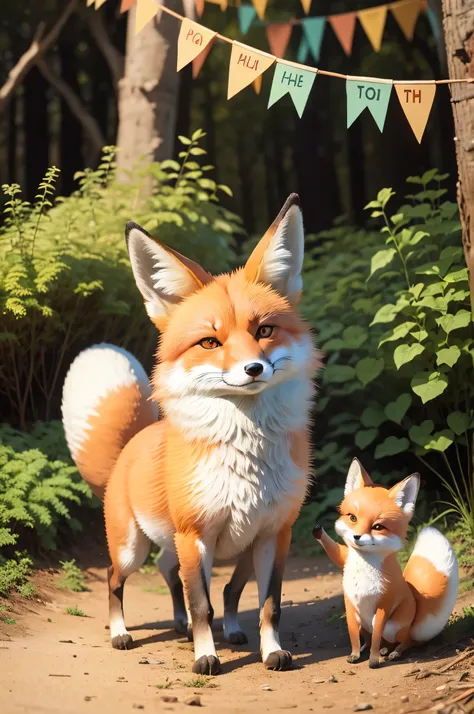 Make the mother fox and the baby fox with their animal friends in the forest at a birthday party.