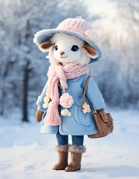 3D style doll design，（One is very fat、Very fashionable、Very cute little reindeer），Wearing a pink turtleneck and blue jacket，Winter scarf，jeans，Gloves，bow tie，small round hat（Decorated with flowers or feathers），（woman）handbag，cotton，flax，Wool is characteriz...