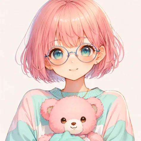 1 girl, 16 years old, pixie cut, (pink hair:1.4), bowl cut hair, hime cut bangs, wearing rectangular, slim, light blue framed glasses, holding a cute deformed pink teddy bear, bright green eyes, slim, very baby face, soft expression, large kind eyes, often...