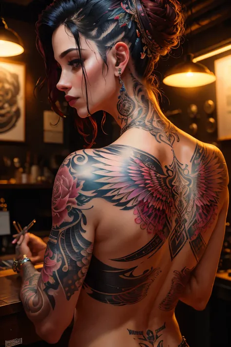 ((Masterpiece)), ((High-resolution)), 8K, Ultra-detailed, Hyper-realistic,

A captivating image of a tattoo studio, showcasing intricately designed tattoos of various kinds. The studio is dimly lit, creating an atmospheric ambiance that enhances the intrig...