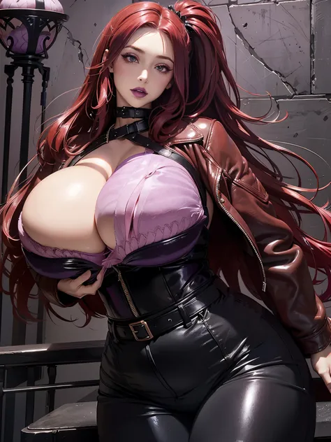 best quality,plump, Red hair, Light, delicate eyes, Sexy, c-chameleon, hair, long hair，Leather jacket，black，Purple lipstick, purple eyes, (huge_breast:2.0), (wide hips), big ass，(Thick thighs), slim waist, hourglass figure