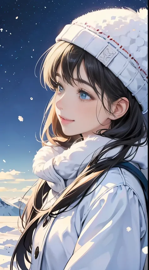 cute girl、beautiful woman、smile、kind、snow、winter、Profile looking up、knit hat、Upper body