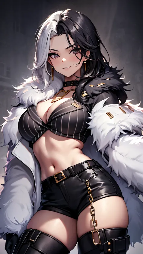 傑作, 最高品質,navel, cleavage, jewelry, earrings, choker, black gloves, midriff, belt, necklace, bracelet, crop top, black shirt, chain, fur coat, fur trim,black micro shorts,high heel boots,seductive smile,(Standing in honor),front view,(腹筋:1.1)