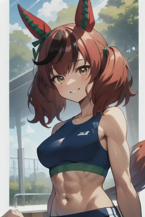 nice nature(umamusume), ((ultra-detailed face)), symmetrical face, beautiful face, masterpiece, best quality, front, sports bra, horse tail, light smile, athletics track, slender, abs, muscle