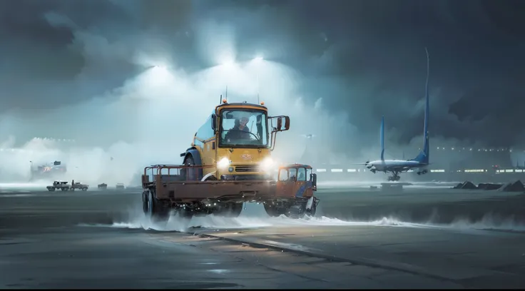 Airport landing strip spotted with snow, snowplows, night, blizzard, landing lights, (photorealistic:1.3), best quality, ultra high res, intricate details