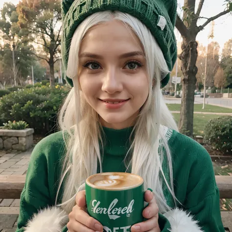 Girl with white hair, 23 years old, hermosa, drinking coffee, sentada, sonriendo, con Jersey verde de invierno, con gorro Verde de invierno en la cabeza, autofoto, gran angular,