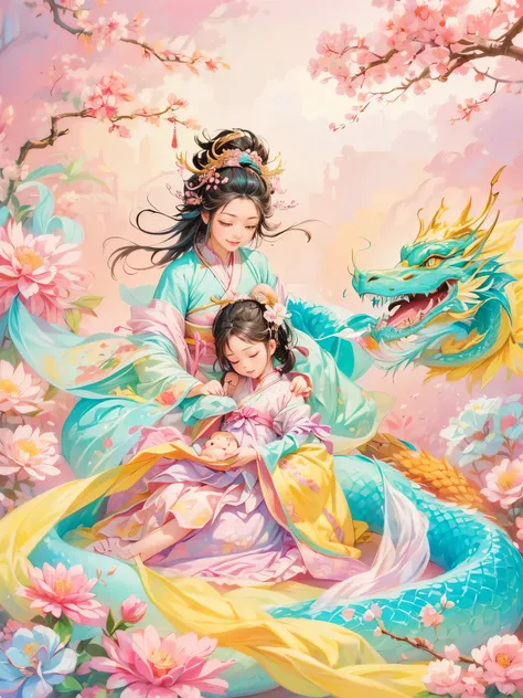 dragonjoyful and festive scene featuring a cute and lively 5-year-old ancient Chinese princess embracing a fluffy-textured, mythical Chinese baby dragon. Both are sleeping peacefully. The background is enhanced with festive decorations, such as lanterns, c...