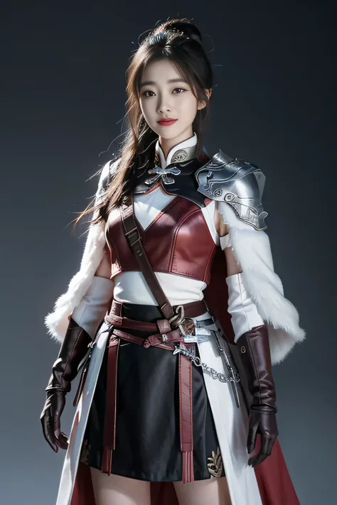 Chinese female general Hua Mulan，Vermilion Hufu lining，，Crimson cape，Silver metal breastplate，silver helmet，battlefield background，majestic，Smile（open mouth）（The corners of the mouth are raised），Leather tunic，Knee armor，Eight clones，silver metal headband，H...