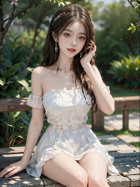 sweet girl clothes4,strapless dress,jewelry, ((full body)), ((from below)), ((sit on a park bench)), ((realistic)), 1girll, look...