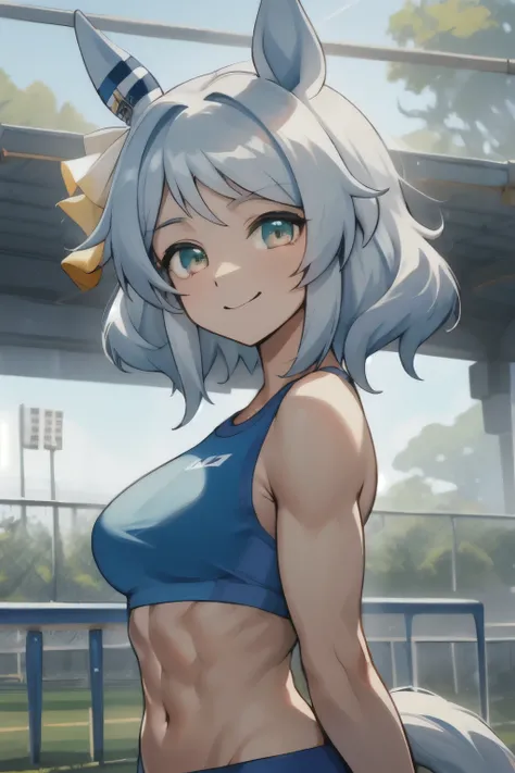 hishi miracle(umamusume), ((ultra-detailed face)), symmetrical face, beautiful face, masterpiece, best quality, front, sports bra, horse tail, light smile, athletics track, abs, well-muscled, tits