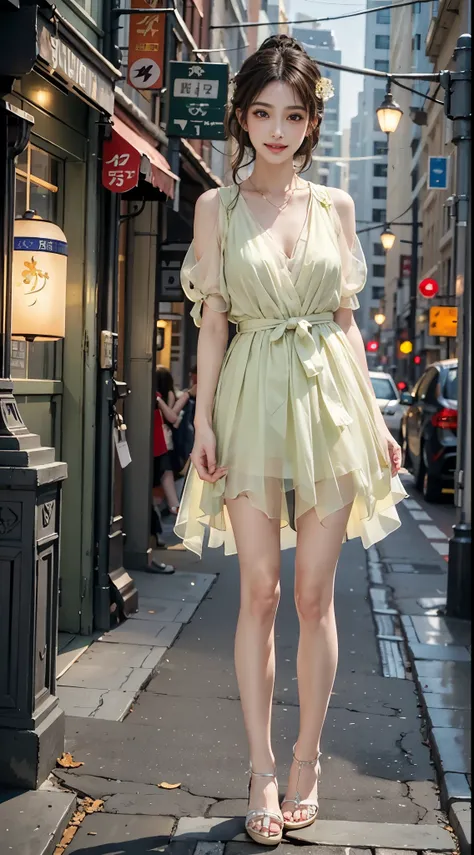 sweet girl clothes9,yellow dress, ((full body)), ((leaning forward)), (上身前倾, 弯腰), ((random shooting angle)), ((realistic)), 1gir...