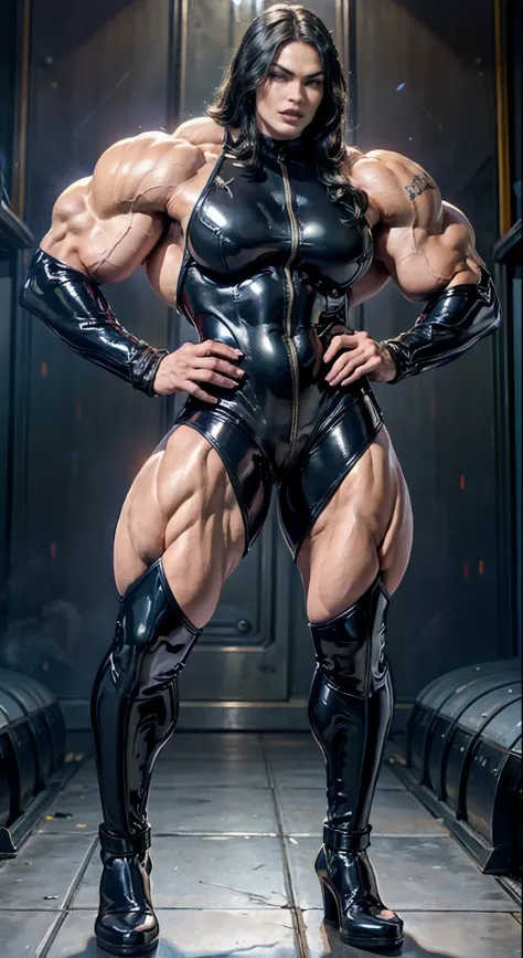 (1 woman), (megan fox:1.25), a drawing of a barbarian woman in full latex suit, (latex bodysuit:1.25), (extreme muscular definition:1.5), (full body pose:1.25), (huge upper body:1.25), (wide shoulders:1.25), veins, beautiful face, full lips, slim face, hig...