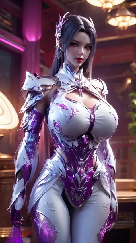 (hyper-realistic:1.5), ai girl grnerator (beauty white hair, phoenix gold helm:1.1), ((huge fake breasts:1.5)), ((cleavage:1.5))...