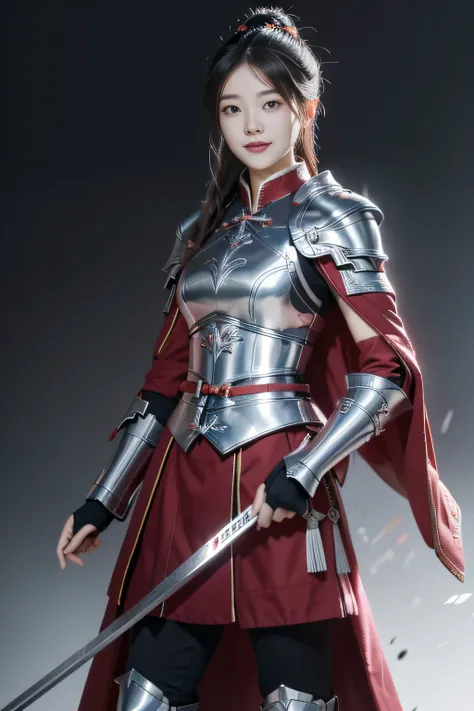 chinese female general hua mulan，vermilion hufu lining，，crimson cape，silver metal breastplate，silver helmet，battlefield backgrou...