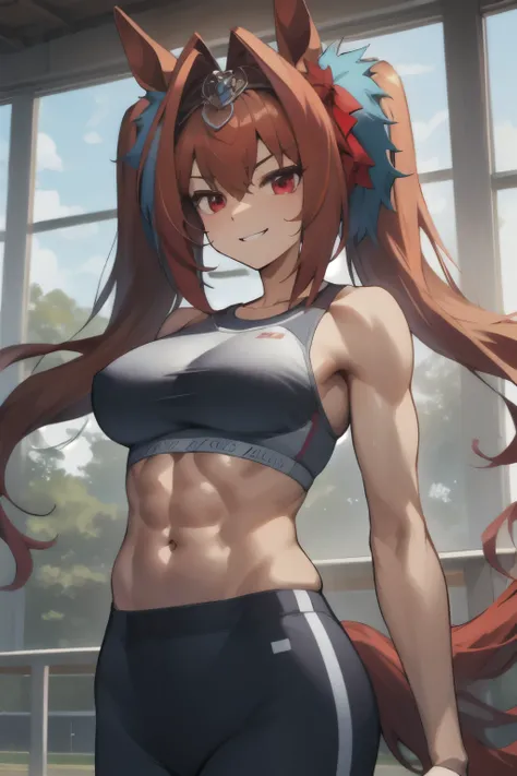 daiwa scarlet(umamusume), ((ultra-detailed face)), symmetrical face, beautiful face, masterpiece, best quality, front, sports bra, horse tail, light smile, athletics track, slender, abs, well-muscled, large tits