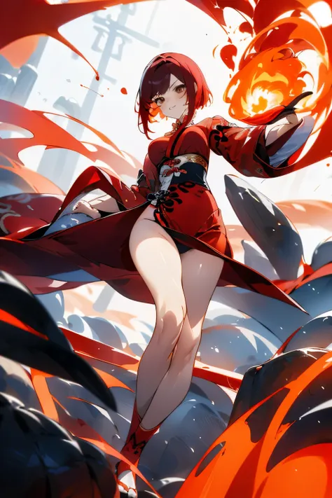 Red short hair, female, fire element, black and red clothes, breasts, long legs, anime, cartoon, manhwa, genshin impact, game, chinese traditional, chinese traditional clothes, chinese dress